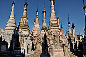 Rows of stupas in the Kakku (Kekku) Pagoda complex. The complex was kept hidden from the rest of the world until 2002 when it was opened to foreigners. Shan State, Burma (Myanmar). 